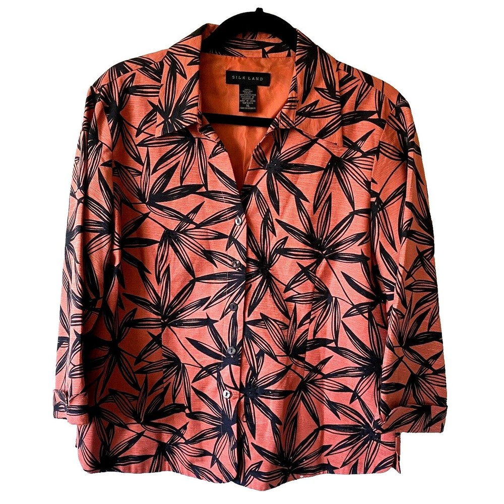 Silk‎ Land Jacket Size XL SILK Women Orange Black Leaf Beaded Embellished Cuff